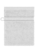 A white towel featuring a textured surface and a hanging loop, with a grey accent band around the middle.
