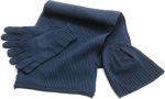 A navy blue ribbed beanie, gloves, and scarf set arranged together. The items have a uniform ribbed texture.