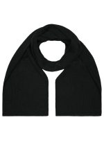 A knitted scarf in solid black, featuring a ribbed texture and a logo.