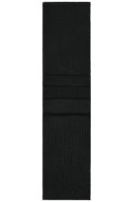 A black knitted scarf with a textured pattern, featuring subtle folds and a branding logo.