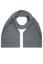 A grey knitted scarf, featuring a ribbed texture, displayed in a draped position. It has a logo on it.