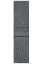A knitted scarf in a solid grey colour, featuring a ribbed texture and folds. It includes a logo.