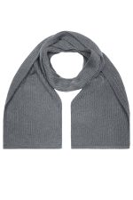 A grey knitted scarf laid out flat, featuring a textured design and a simple style.