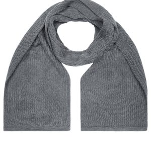 A grey knitted scarf laid out flat, featuring a textured design and a simple style.
