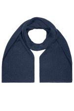 A knitted scarf in a deep navy blue, featuring a ribbed texture and an elegant drape.
