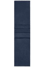 A knitted scarf in dark navy, featuring a textured ribbed design. Includes branding.