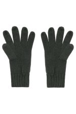 A pair of dark green knitted gloves with a ribbed cuff, displayed flat. The gloves have five fingers each and feature a logo.