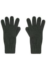A pair of dark green knitted gloves displayed flat, featuring a ribbed cuff. The gloves have a textured design.