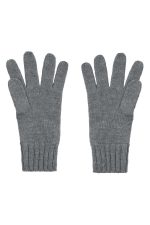 A pair of grey knitted gloves with ribbed cuffs, featuring a textured pattern and five fingers each.