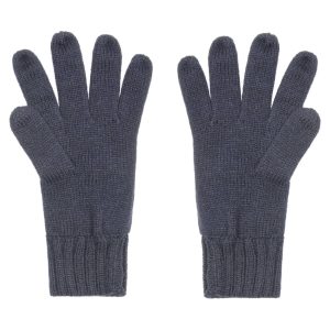 Knitted gloves in a dark grey colour with a ribbed cuff design, featuring a logo.