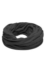 A loop scarf in a solid black colour, featuring a soft, draped design. It has a subtle branding logo.