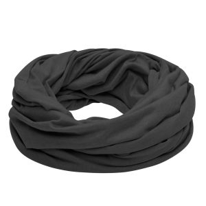 A loop scarf in a solid black colour, featuring a soft, draped design. It has a subtle branding logo.