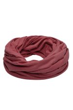 A loop scarf in a rich heather burgundy colour, featuring a soft and gathered texture.