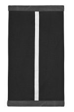 A black scarf with a white stripe down the centre and grey trim, featuring branding on the fabric.
