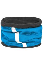A tube scarf featuring blue and black colours with a white stripe design, suitable for winter wear.