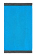 A bright blue scarf with dark grey borders, featuring a logo at one end.