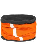 An orange and black tubular scarf with a textured finish and white stripe detail. It features a logo.