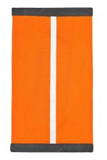 An orange scarf with a white stripe down the centre and grey trim, featuring a branding logo.