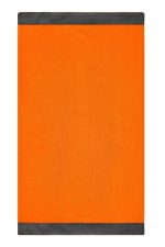 An orange scarf with grey trim and a logo.