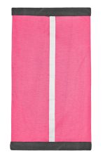 A pink and grey Winter X-Tube scarf with a white stripe down the centre, featuring a logo.