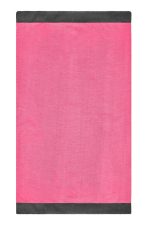 A pink scarf with black edges, designed as a winter accessory. It has a logo at one corner.
