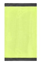 A bright yellow scarf with dark grey borders, featuring a logo. Ideal for winter accessories.