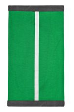 A green scarf with a white stripe and grey trim, featuring a logo on one side.