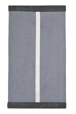 A grey scarf with a white centre stripe and darker grey ends. It features a logo.