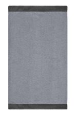 A grey scarf with darker grey borders, featuring a subtle textured pattern. It has a logo in one corner.