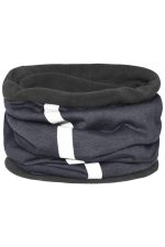 A grey and black fleece scarf featuring a white stripe design and a soft, textured fabric. It has a logo.