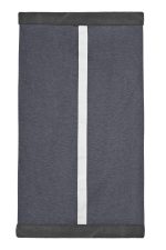 A grey scarf with a white central stripe, featuring a logo on one side.