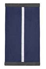 A navy blue scarf with a white stripe and grey borders, featuring a logo. Suitable for winter wear.