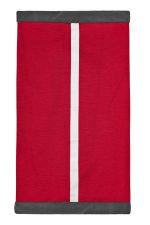 A red Winter X-Tube scarf with a white stripe down the centre and grey borders. It features a logo.