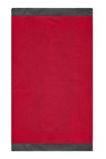 A red scarf with a grey border, featuring a logo on one side.
