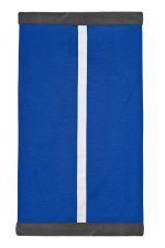 A blue scarf with grey edges and a white stripe running down the centre. It features a branding logo.