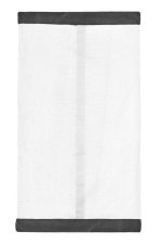 A white scarf with grey trim, featuring a simple design and a logo on one side.