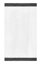 A white scarf with black borders, designed as a clothing accessory. It features a logo.