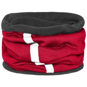 A red and grey Winter X-Tube scarf with a soft, multi-layered design and a logo.