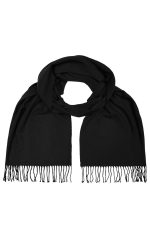 A black elegant scarf with fringed edges, designed as a stylish clothing accessory.