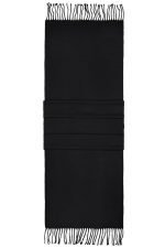 A black elegant scarf with fringed edges, neatly folded and secured with a band. It features a simple, classic design.