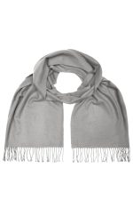 A light grey elegant scarf with fringed ends, styled draped elegantly. It features a simple, minimalist design.