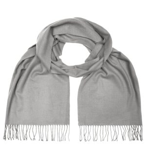 A light grey elegant scarf with fringed ends, styled draped elegantly. It features a simple, minimalist design.