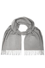 A grey elegant scarf with fringed ends, designed as a stylish clothing accessory.
