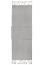 A grey elegant scarf with fringed ends and pleats, featuring a logo. Ideal for stylish layering.