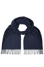 A dark navy elegant scarf with fringed ends, showcasing a soft and luxurious texture. It features a subtle branding logo.
