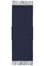 A navy blue elegant scarf with fringe detailing and folded sections. It features a simple logo.