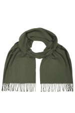 An elegant olive green scarf with fringed edges, featuring a soft, textured fabric. It includes a logo.