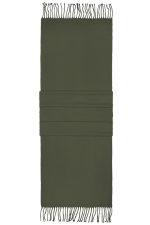 An elegant dark green scarf with fringed edges, featuring folds for a stylish design.
