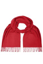 A red Elegant Scarf with fringed edges displayed elegantly. Features a soft, textured fabric and a simple design.