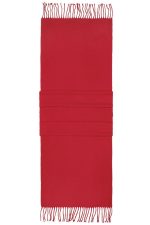 A red elegant scarf featuring fringed ends and a folded design, with a logo visible on the fabric.
